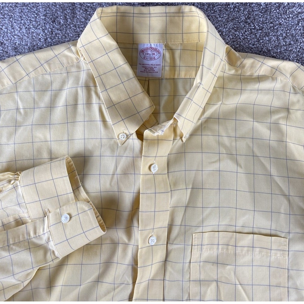 Brooks Brothers Dress Shirt 17.5-35 Non Iron Cotton Yellow Plaid Men 2XLT Preppy